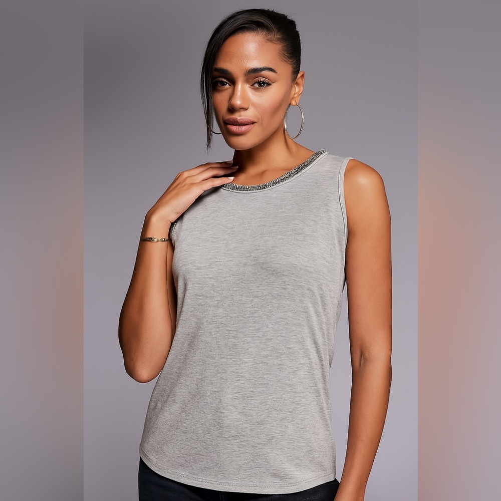 Express Gray Sleeveless Tank Top Metallic Beaded Neckline